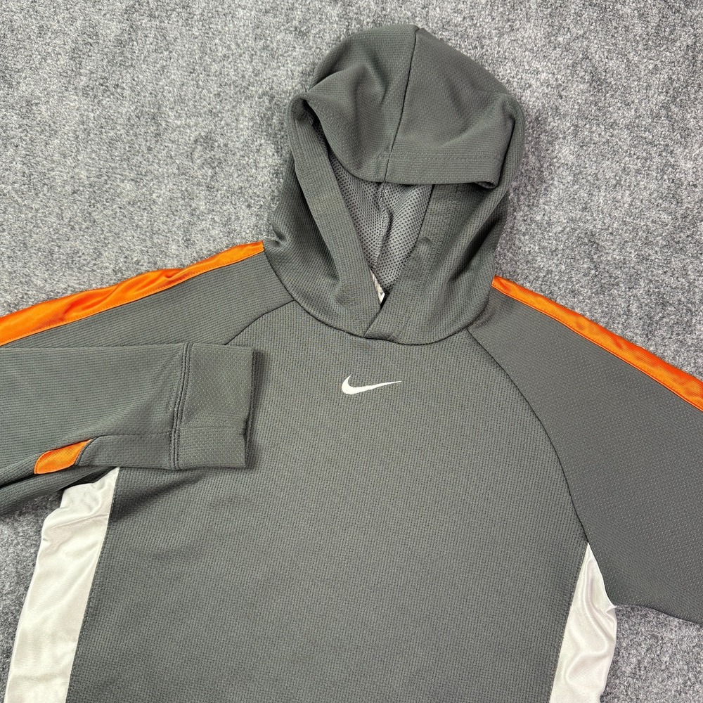 Nike Boys Performance Hoodie Youth XL Gray Orange Colorblock Swoosh Pullover Y2K